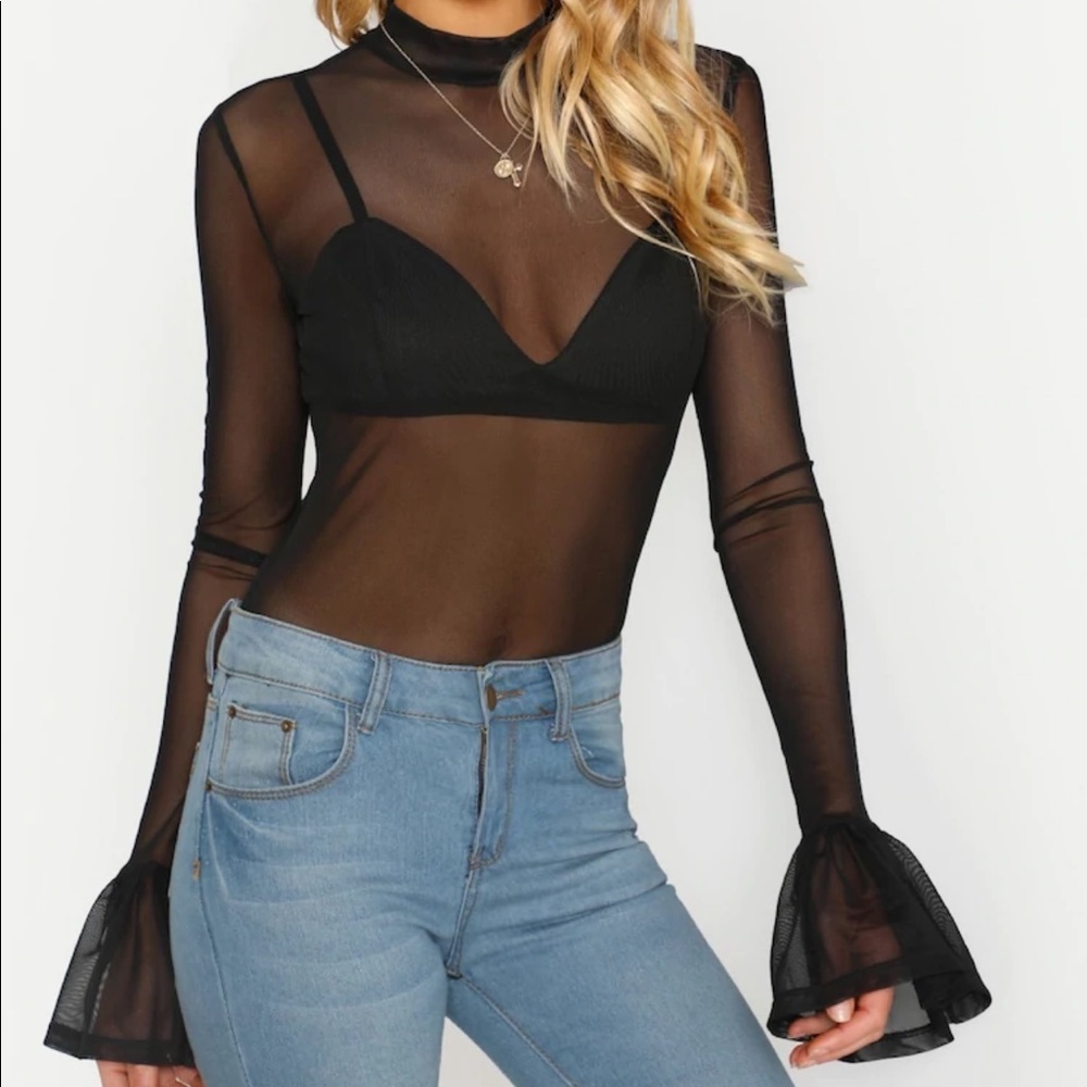 LAST ONE Mesh Mock Neck Bell Sleeve Body Suit - Picture 7 of 8